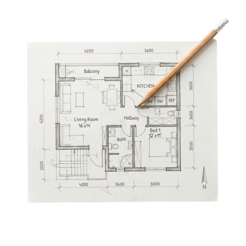 Hand-drawn floor plan sketch of a small apartment showing rooms like living room, kitchen, bathroom, and bedroom with dimensions.