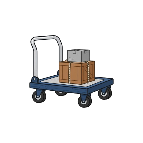 A hand truck carrying two wrapped boxes, one brown and one white, on a flatbed platform with four wheels and a handle for pushing.
