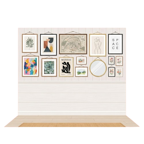 Gallery wall featuring diverse framed art pieces including abstract paintings, botanical prints, maps, and decorative mirrors on a white shiplap backdrop.