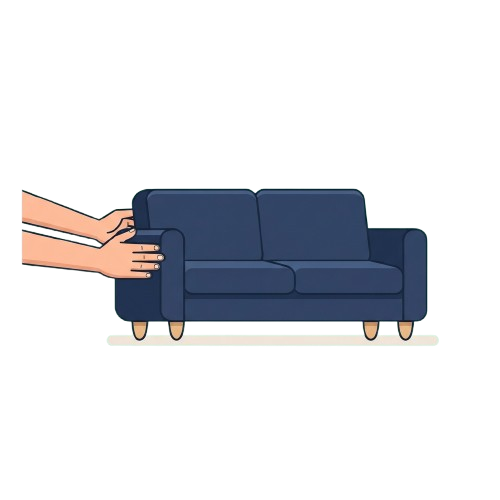 A hand adjusting the armrest of a dark blue, two-seater sofa with wooden legs.