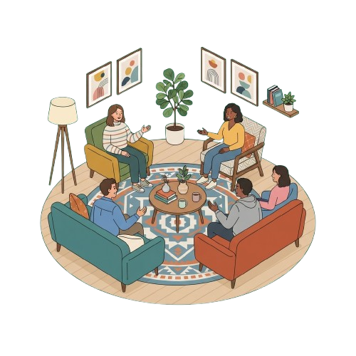 Six people in a cozy living room participating in a video call, sitting on couches and chairs around a coffee table with plants and drinks.