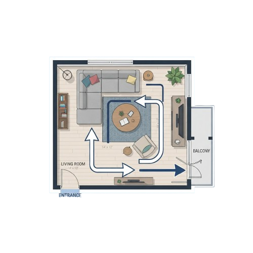 Floor plan of a studio apartment showing living area, kitchenette, and balcony with directional arrows.