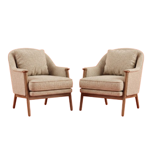 Two beige upholstered armchairs with wooden legs positioned side by side against a dark background