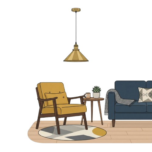A stylish living room featuring a yellow armchair, blue sofa, small side table with plant, pendant light, and patterned rug on tiled flooring