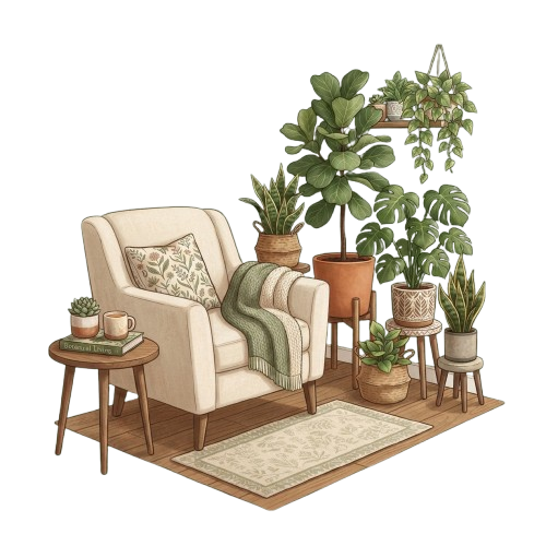 A light-colored armchair with a striped throw, small side table, and various potted plants in a cozy indoor setting.