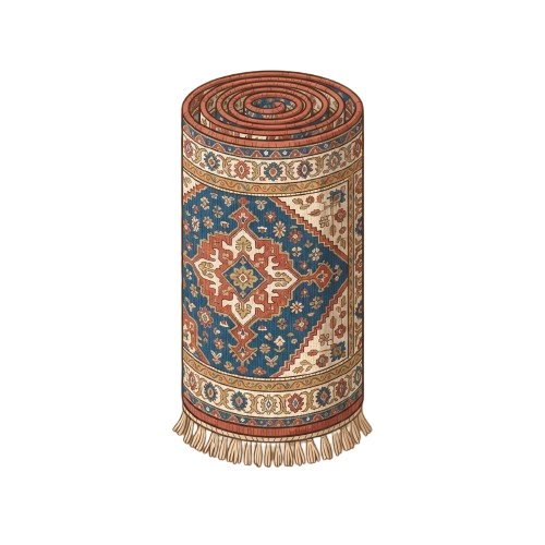 A cylindrical rug featuring detailed floral and geometric designs in blue, red, and beige tones with a fringed bottom edge.