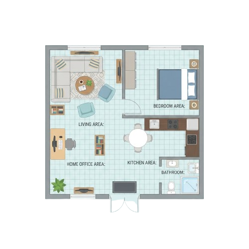 Floor plan of a compact studio apartment divided into living, kitchen, home office, bedroom, and bathroom areas