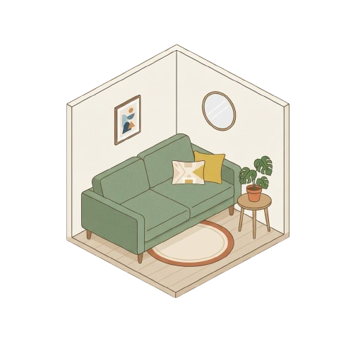 Isometric illustration of a cozy living room with a green sofa, round rug, potted plant, and round mirror on the wall