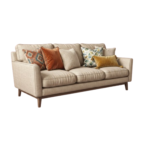 A light beige three-seater sofa with chrome legs and five colorful throw pillows in various patterns and textures.