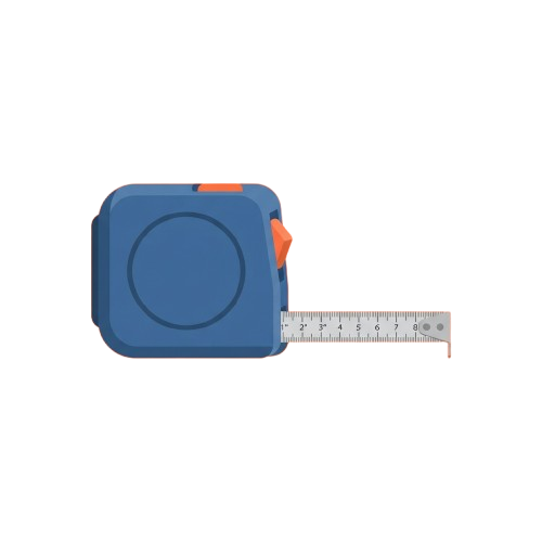 A blue retractable tape measure with an orange hook and white measurement markings