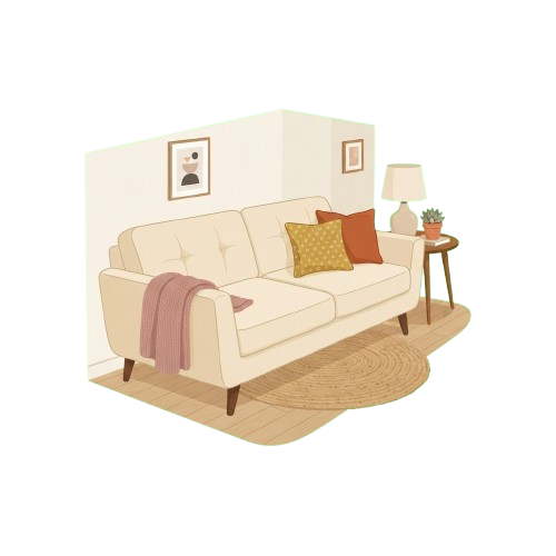 A light beige sofa with decorative pillows and a throw blanket in a cozy living room corner with a side table and lamp.