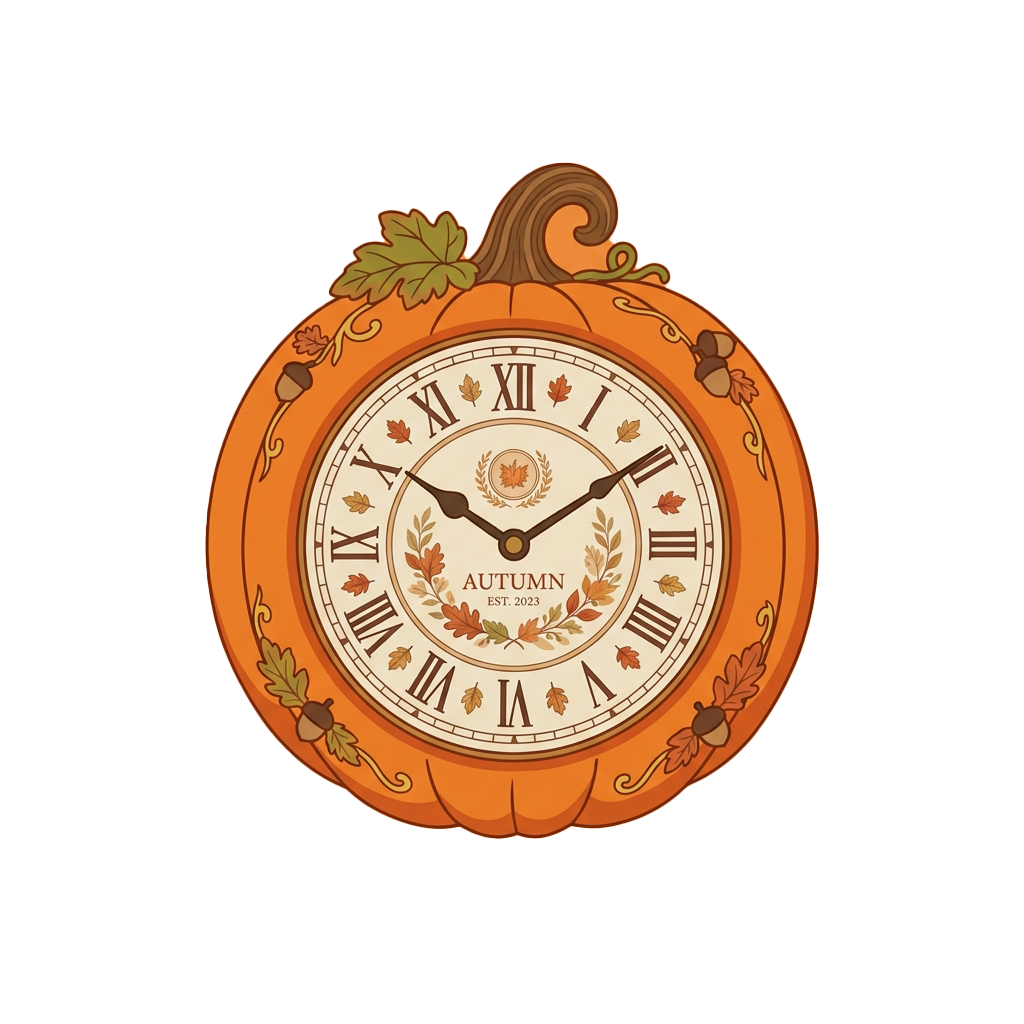 Illustration of a pumpkin-shaped clock with autumn leaves and acorns, showing time and the word Autumn