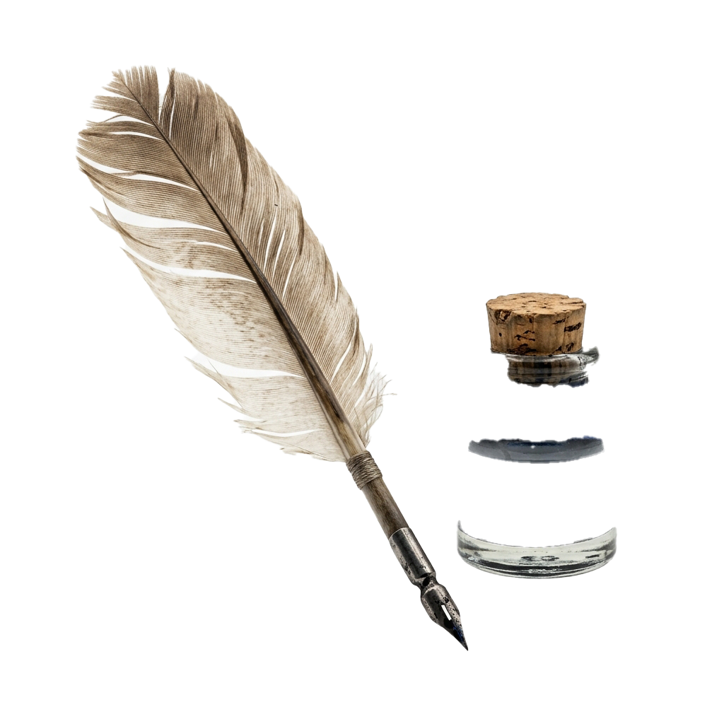A quill pen made from a feather alongside an inkwell with cork stopper and metal nib parts
