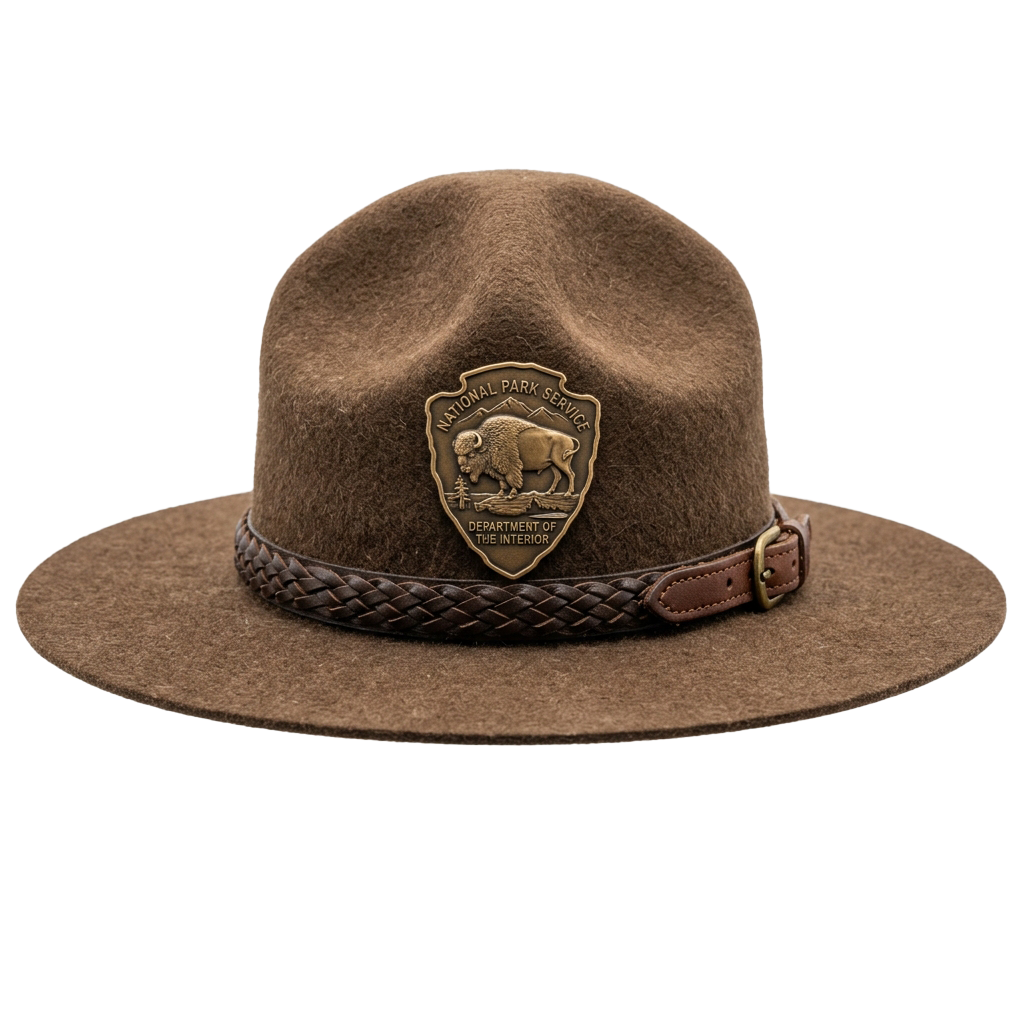 Brown felt hat with a braided band and a gold National Park Service emblem featuring a bison and text