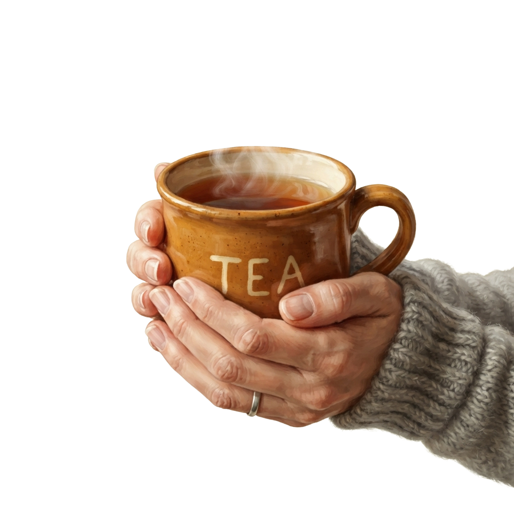Two hands holding a ceramic mug with the word TEA, emitting steam against a dark background