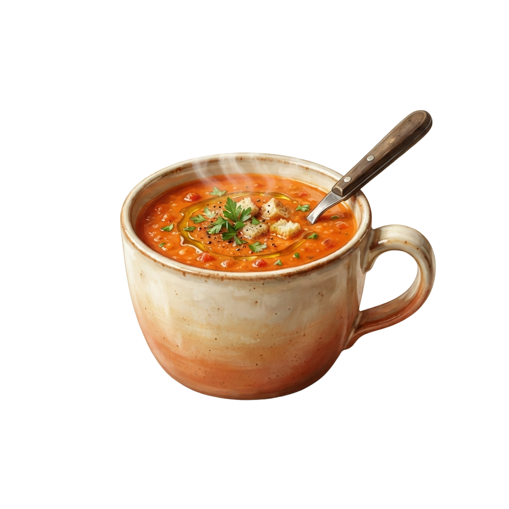A ceramic mug filled with tomato soup garnished with herbs and a spoon resting inside.