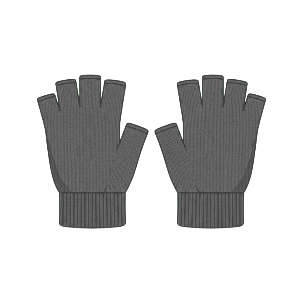 Pair of gray fingerless knit gloves with ribbed cuffs and thumb coverage