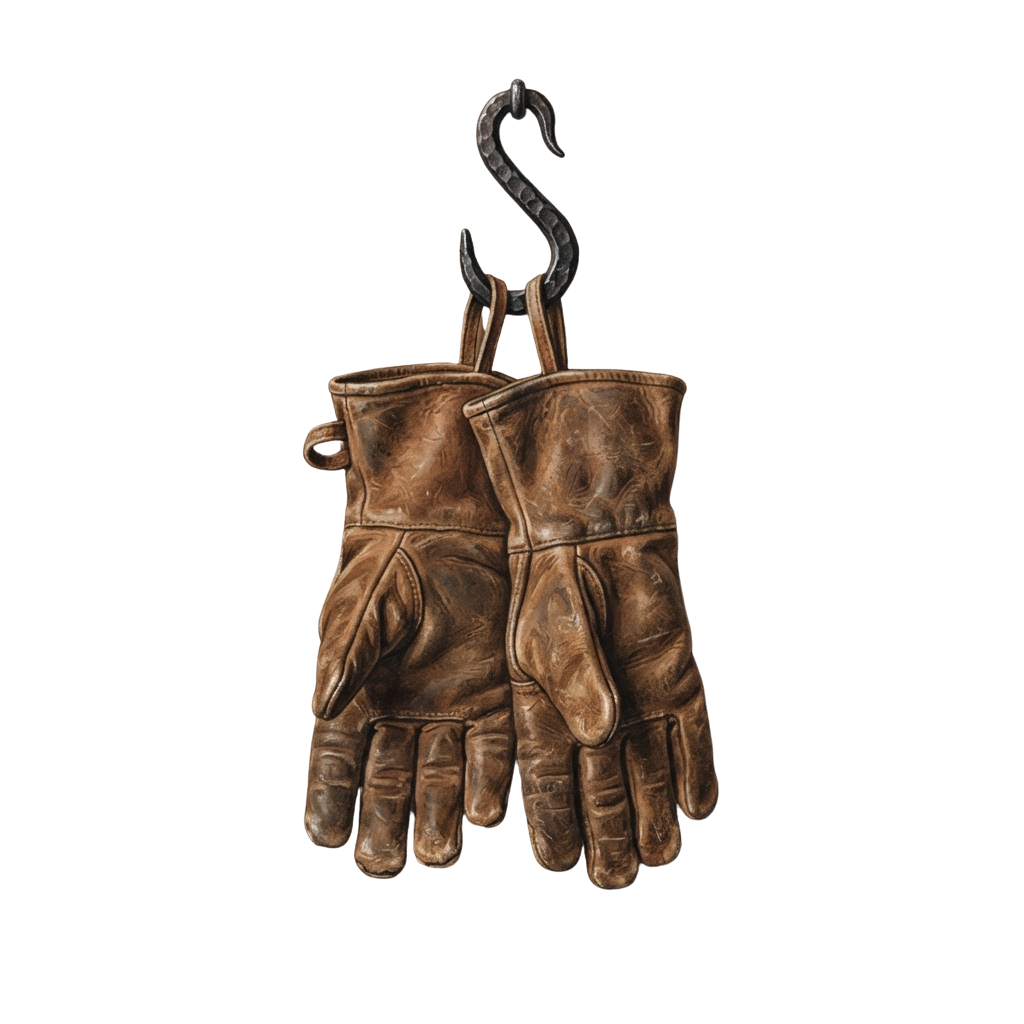 A pair of worn brown leather gloves hanging on a black metal hook against a dark background