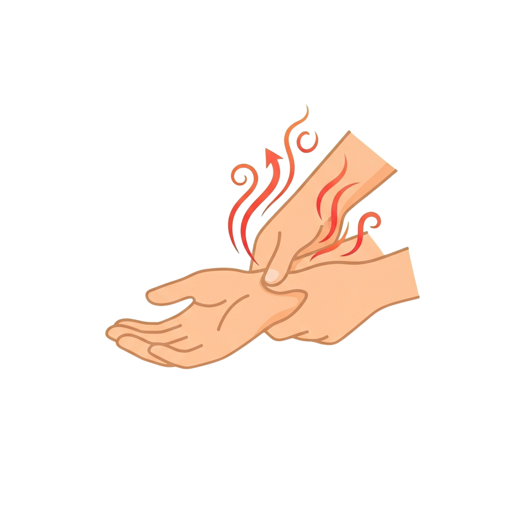 Illustration of a hand holding a lit incense stick with rising smoke and flames