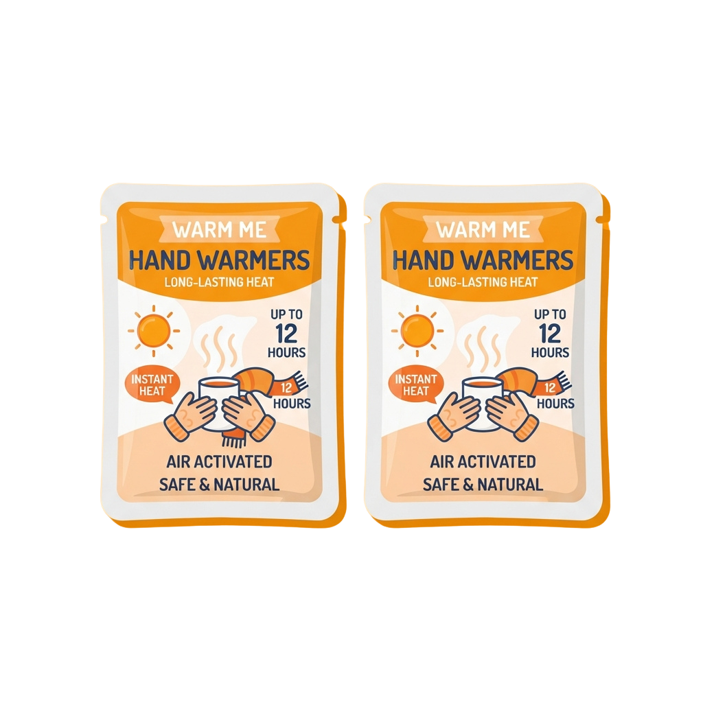 Two packets of air-activated hand warmers showing instant heat lasting up to 12 hours