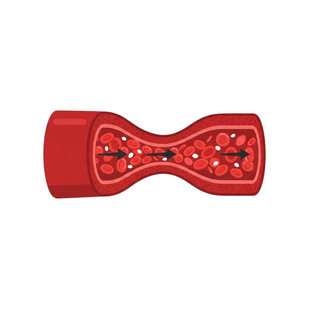 Illustration showing blood cells moving through a narrowed artery section with directional arrows.