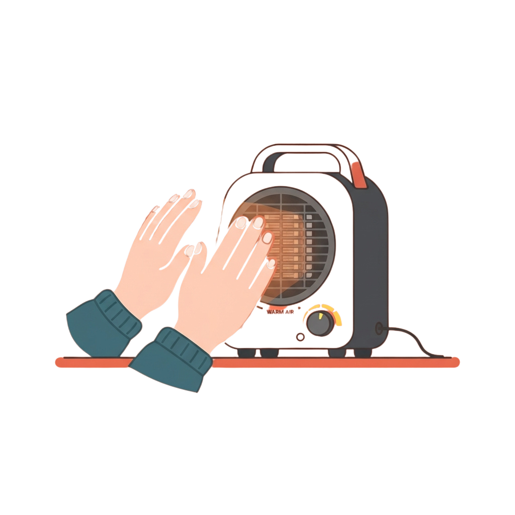 Illustration of two hands clapping in front of a portable space heater