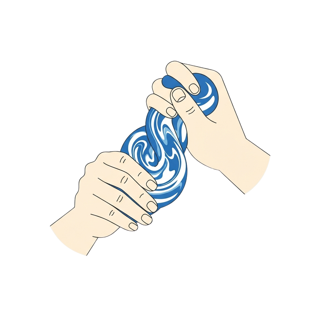 Two hands clasping a flowing blue water shape between them