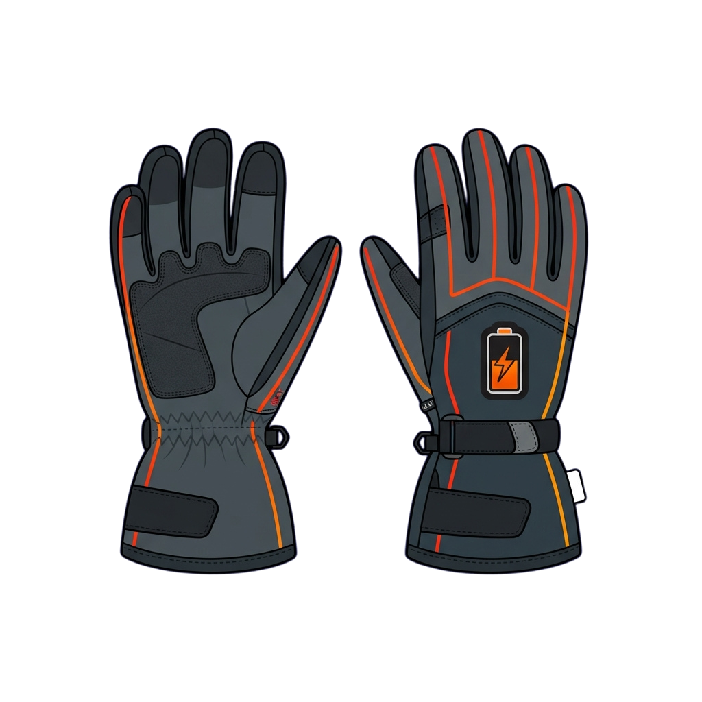 Pair of gray winter gloves with orange accents and a battery-powered heating element on the right glove