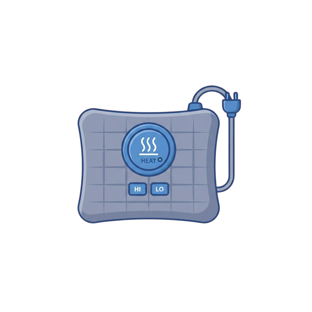 Electric heating pad with heat indicator, high and low settings, and a plug.