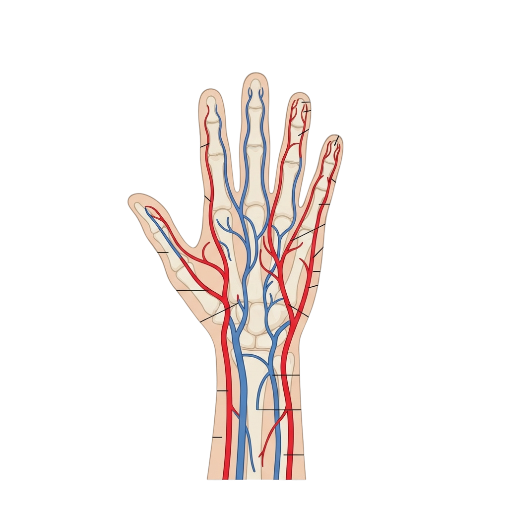 Diagram of a human hand displaying veins in blue and arteries in red.