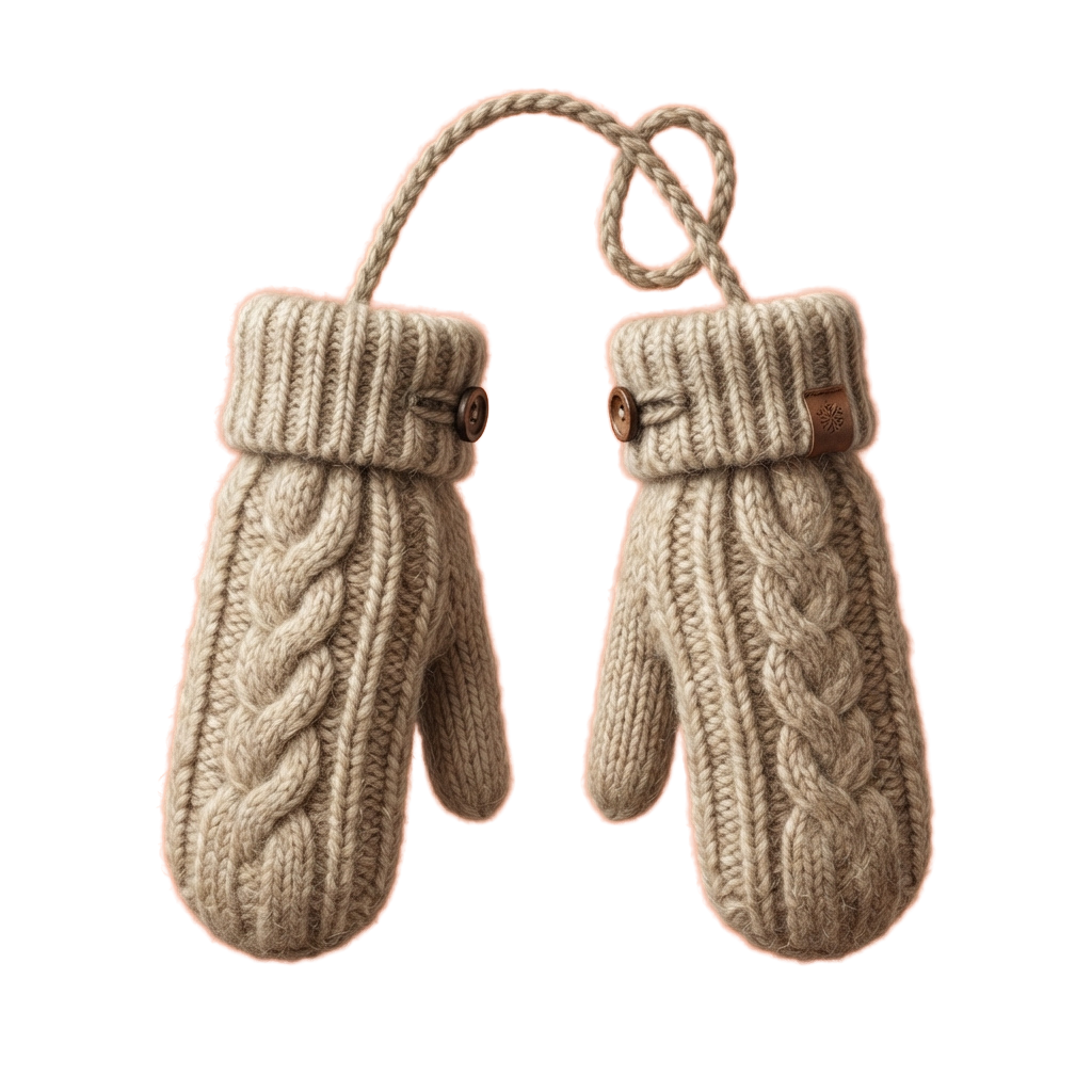 Two beige knitted fingerless mittens with cable patterns and drawstrings hanging against a dark background