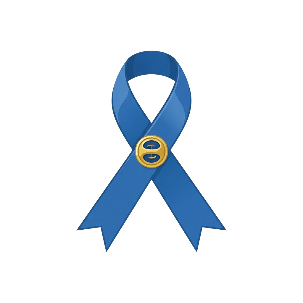 Blue awareness ribbon with a yellow infinity loop symbol in the center
