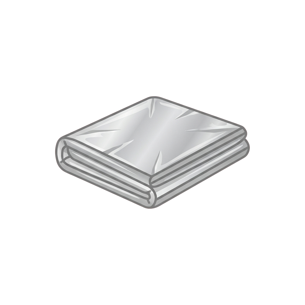 A gray square object folded into a compact shape resembling fabric or plastic wrap.