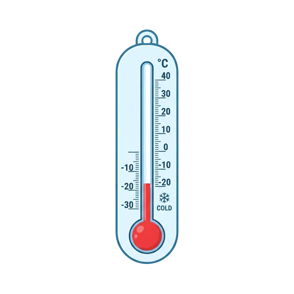A thermometer showing minus 30 degrees Celsius with a cold snowflake symbol