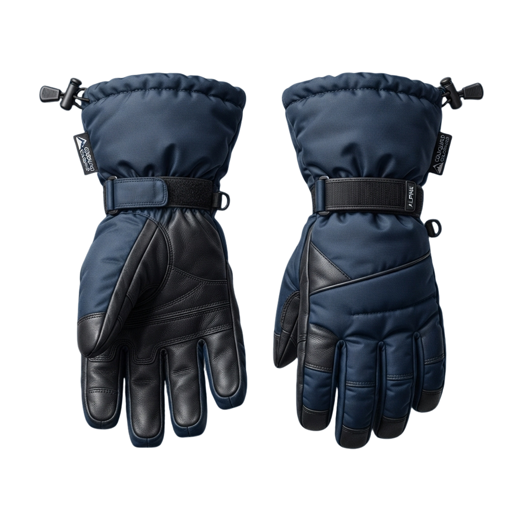 Pair of dark blue insulated winter gloves with leather palms and adjustable wrist straps