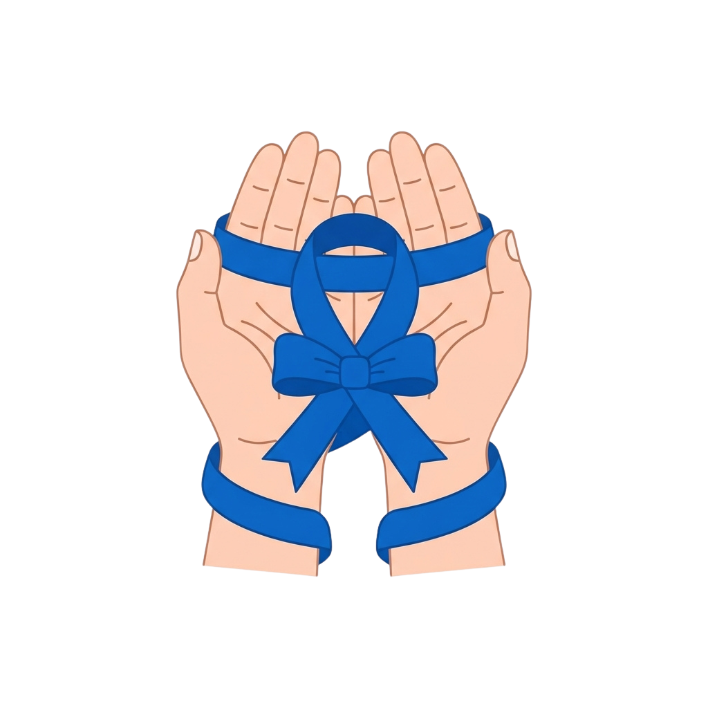 Two hands clasped together with a blue ribbon tied around the wrists and a bow in the center