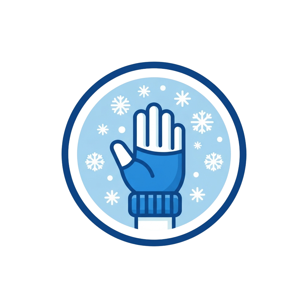 A blue winter glove icon with snowflakes in a circular badge style
