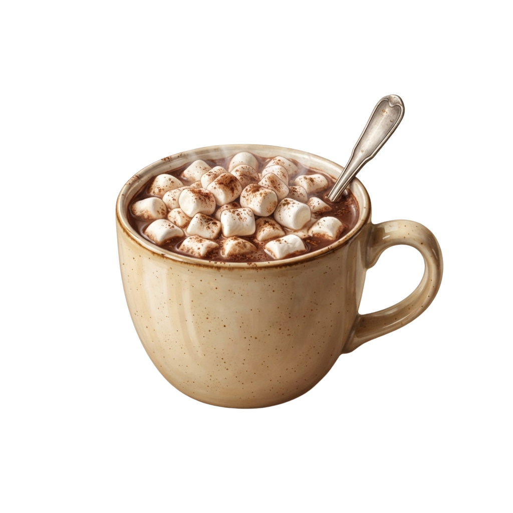Ceramic mug filled with hot chocolate topped with marshmallows and a spoon