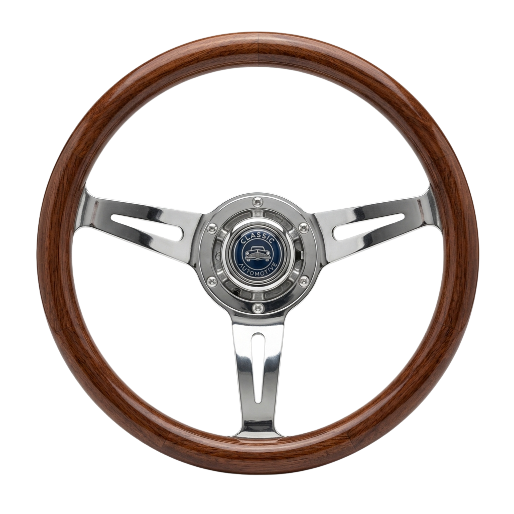 A vintage-style steering wheel with a wooden rim and chrome spokes, featuring a central emblem.