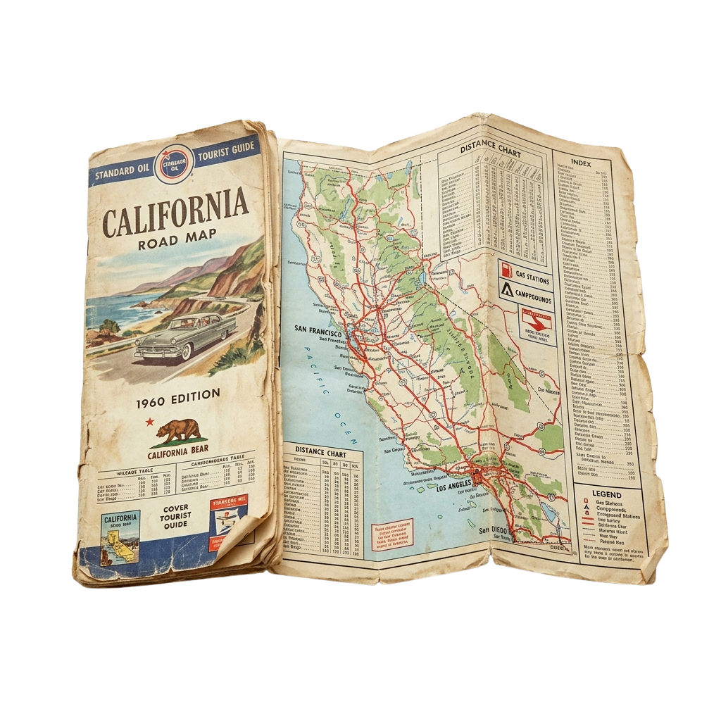 Open vintage road map of California from a 1960s edition showing highways, cities, and a California bear logo.
