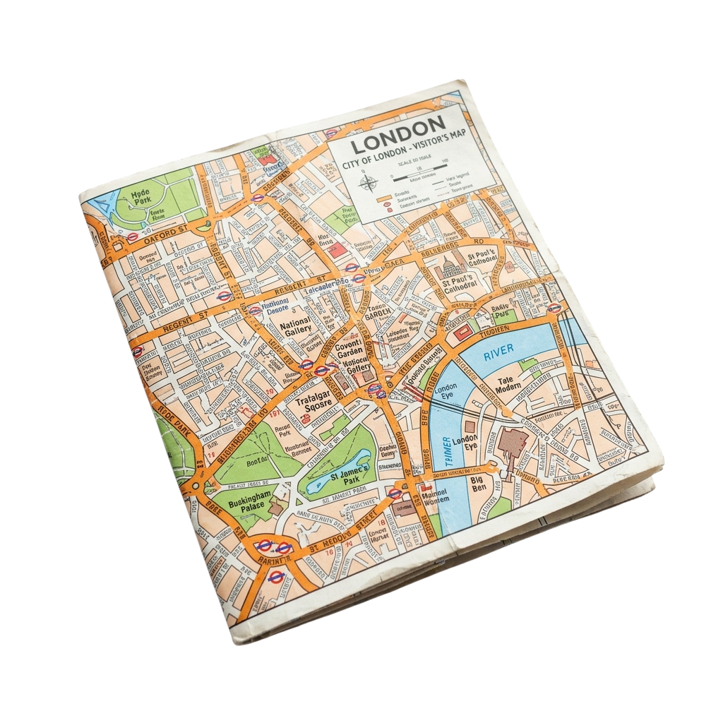 Detailed map of London showing streets, landmarks, and transport routes