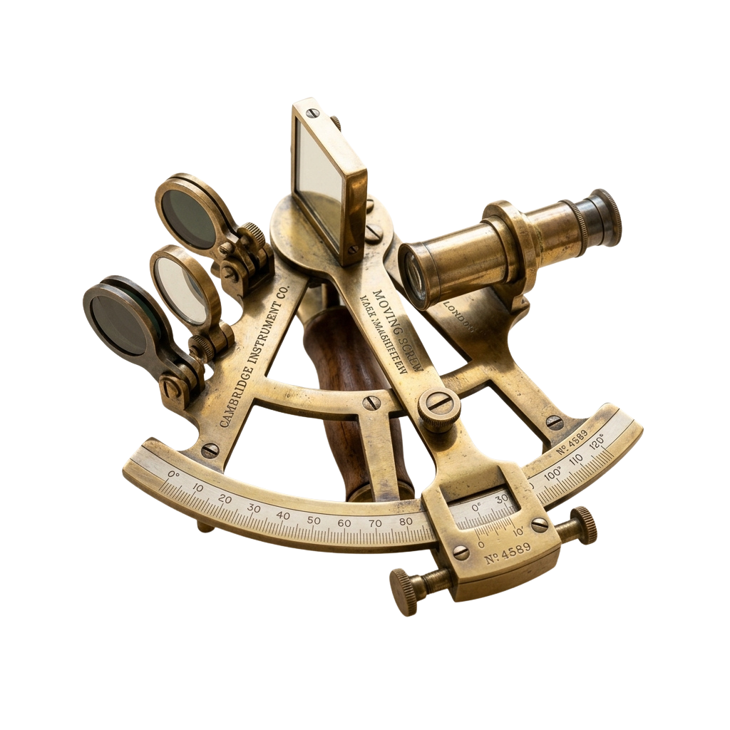 Antique brass sextant with telescope, circular degree scale, and adjustable arms on black background