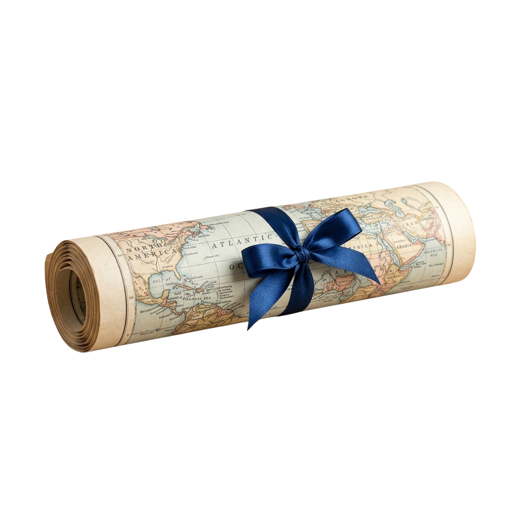 A rolled vintage-style world map tied with a blue ribbon on a black background