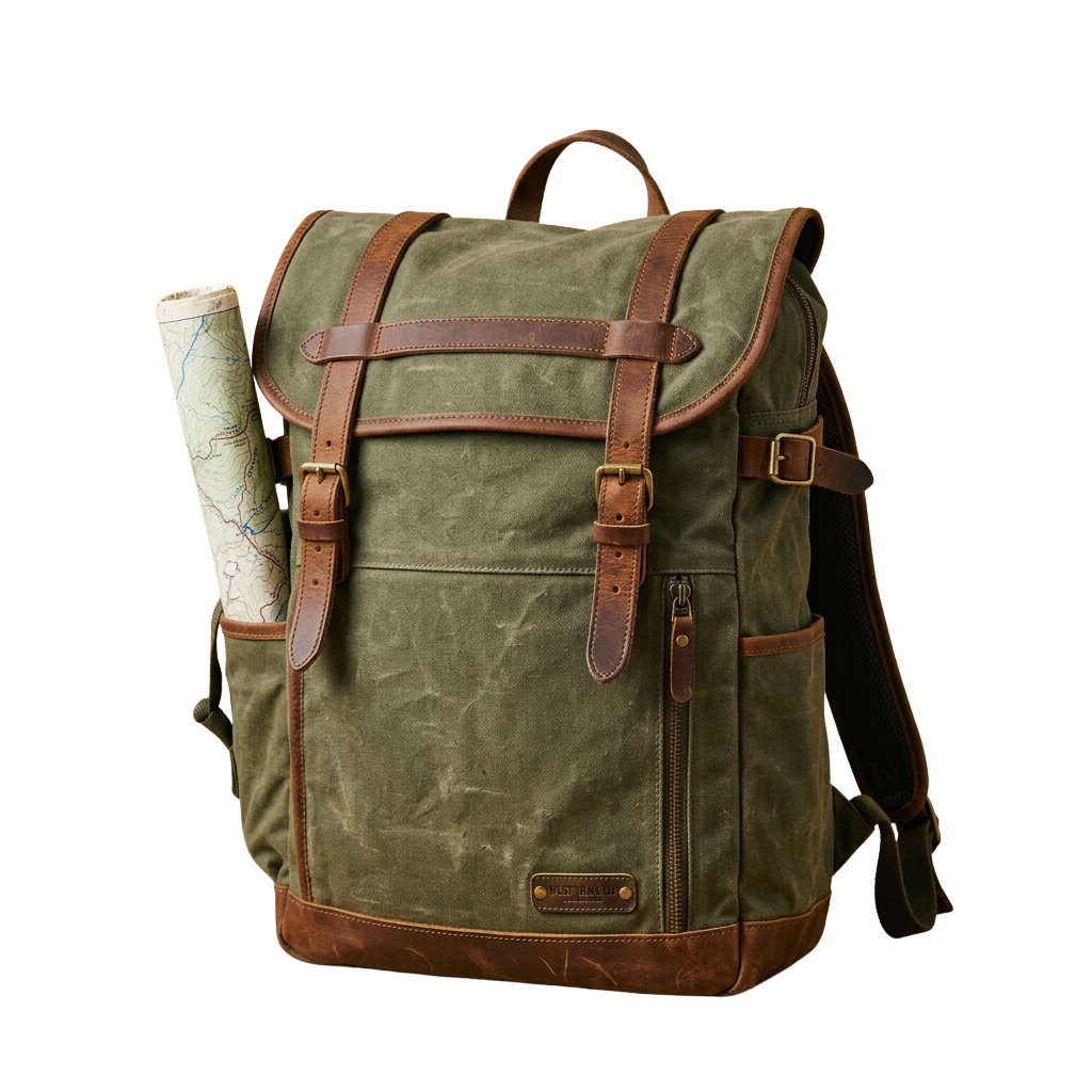 Green canvas backpack with brown leather accents and a rolled map protruding from the side pocket