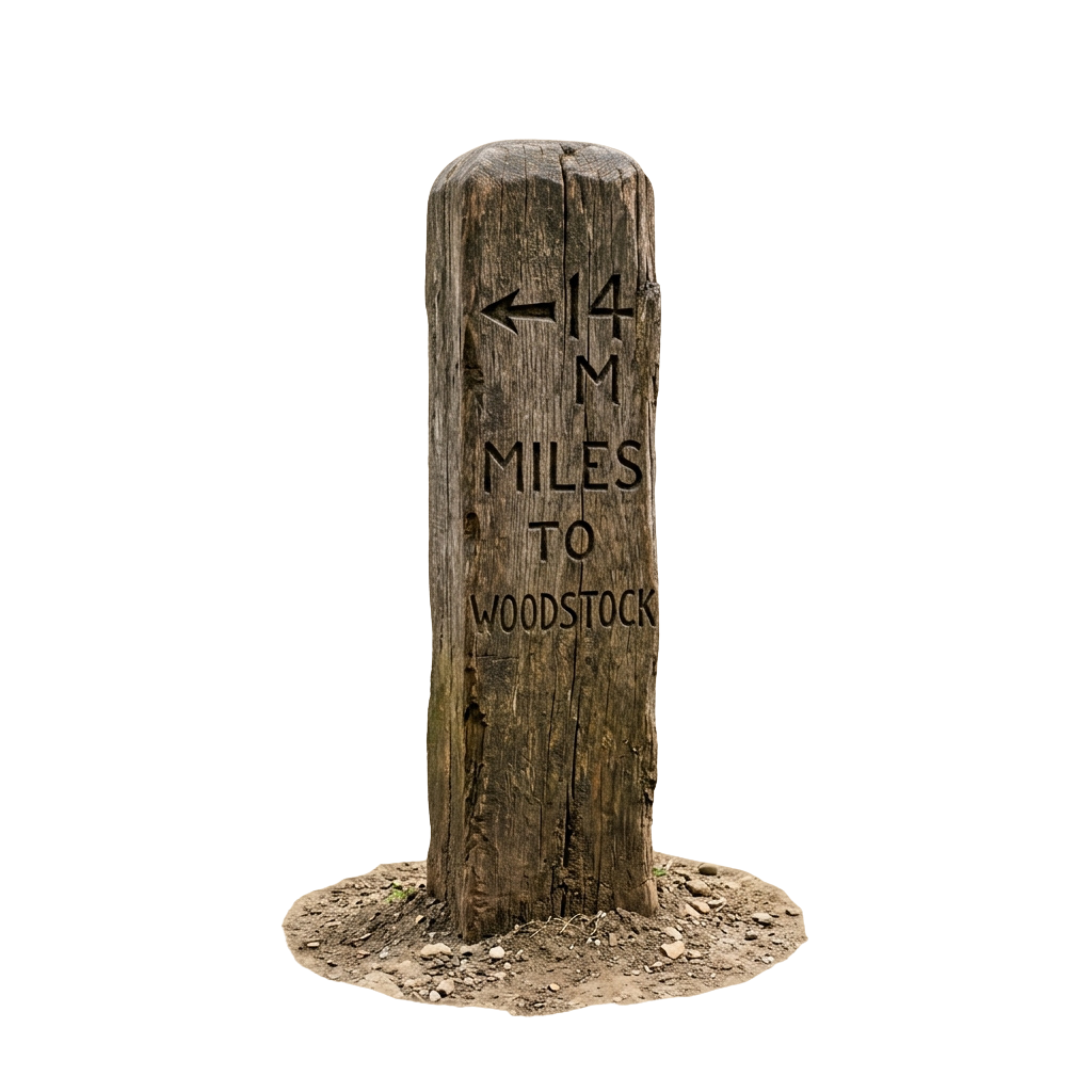 A weathered wooden post with painted text indicating 14 miles to Woodstock and an arrow pointing left
