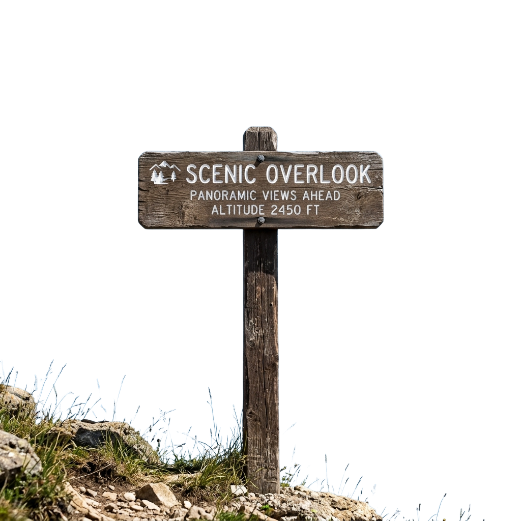 Wooden signpost indicating scenic overlook with panoramic views at 2450 ft altitude