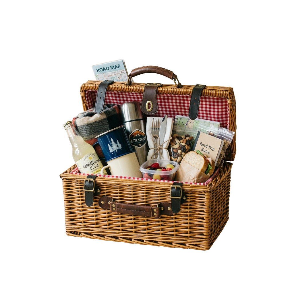 Wicker picnic basket filled with snacks, drinks, utensils, and travel accessories on a checkered cloth