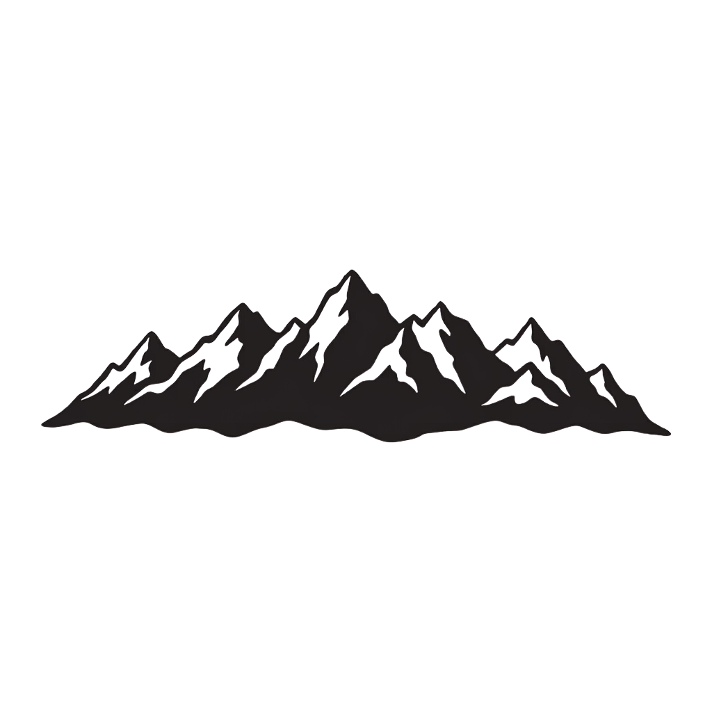 A dark silhouette of jagged mountain peaks against a black background