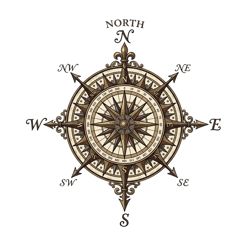 A detailed vintage compass rose with north orientation and ornate decorative elements.