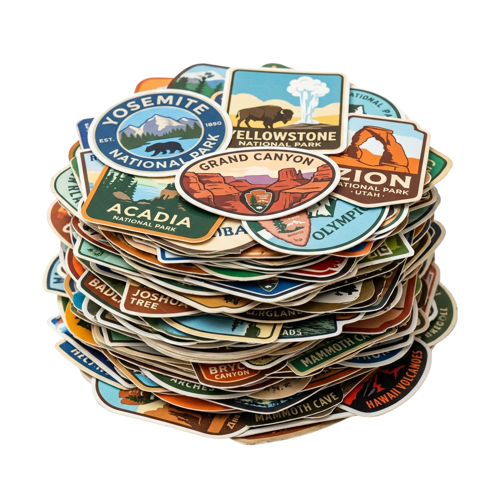 Stack of colorful stickers representing various US national parks with scenic landscapes and wildlife icons